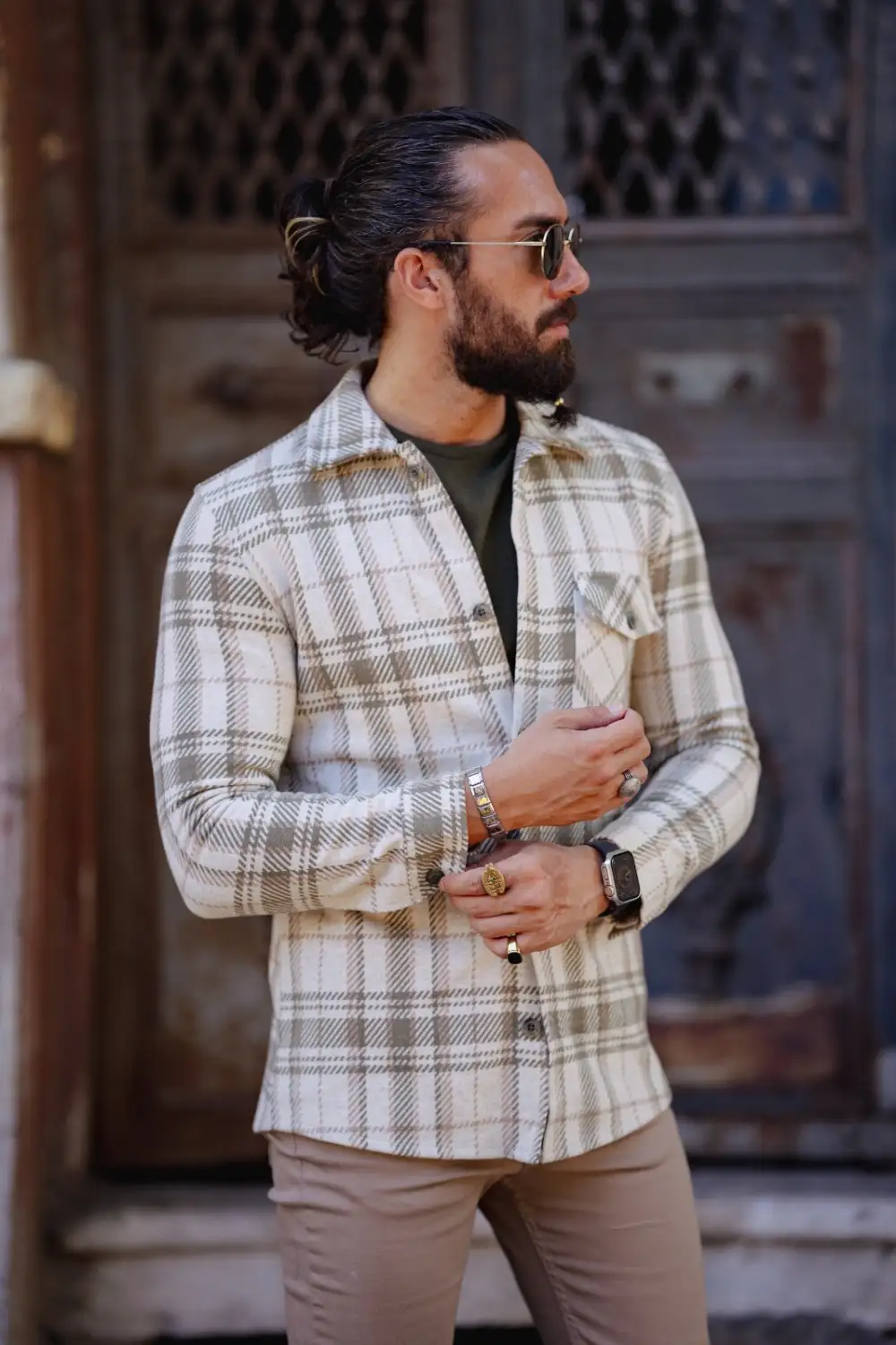 Bojoni Matera Slim Fit Cream  Striped Lumberjack Shirt