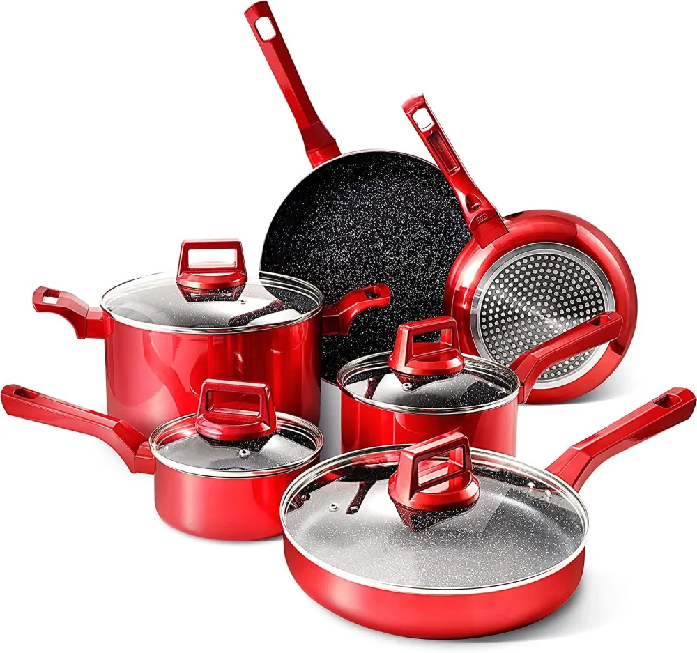 10 Pcs Pots and Pans Sets, Nonstick Cookware Set, Induction Pan Set, Chemical-Free Kitchen Sets, Saucepan, Saute Pan with Lid, Frying Pan, Red