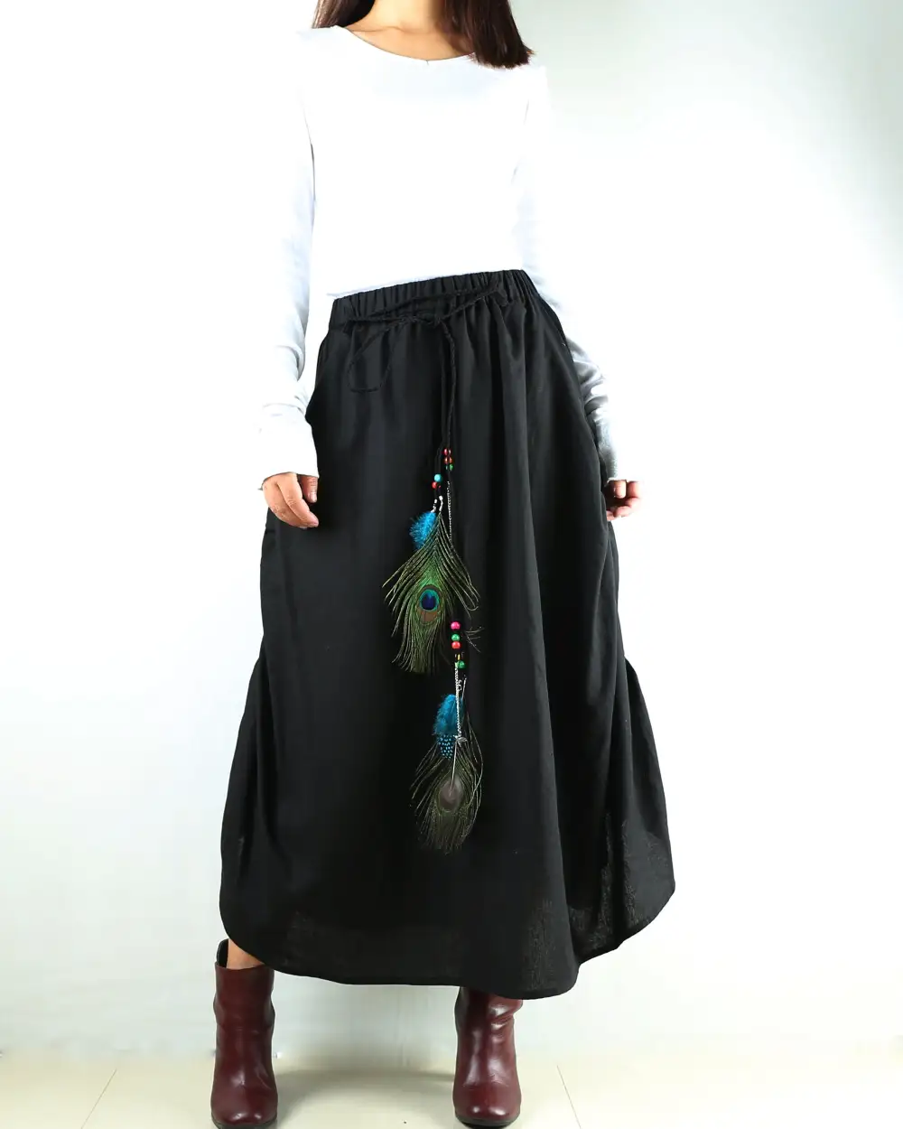 Elastic Waist Linen A Line Maxi Skirt