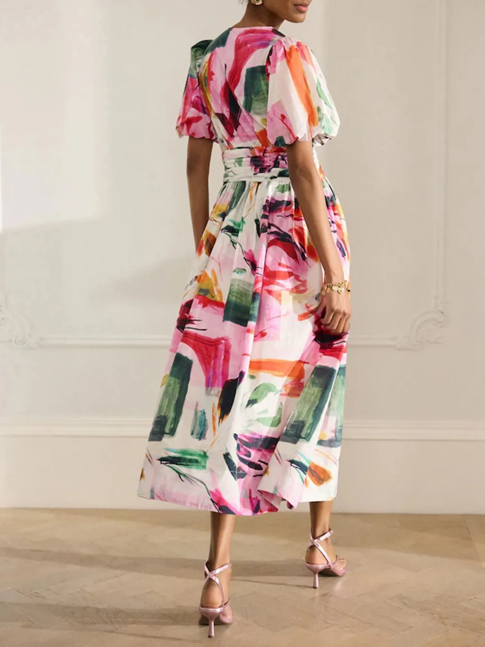 Elegant And Flowing Puff Sleeve Floral Printed Dress