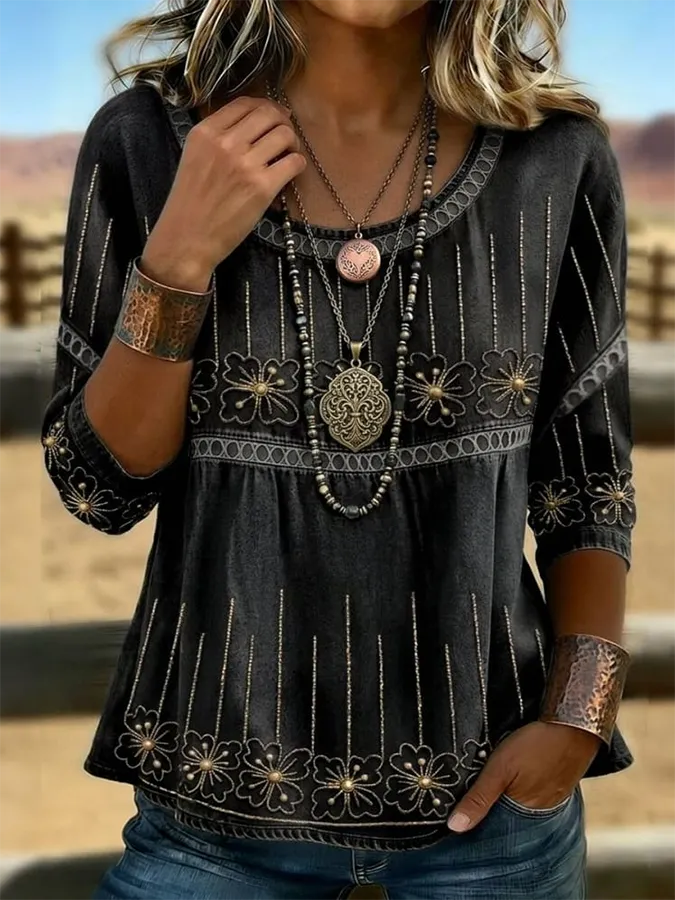 Women's Vintage Floral Art Print Casual Hollow Denim Shirt