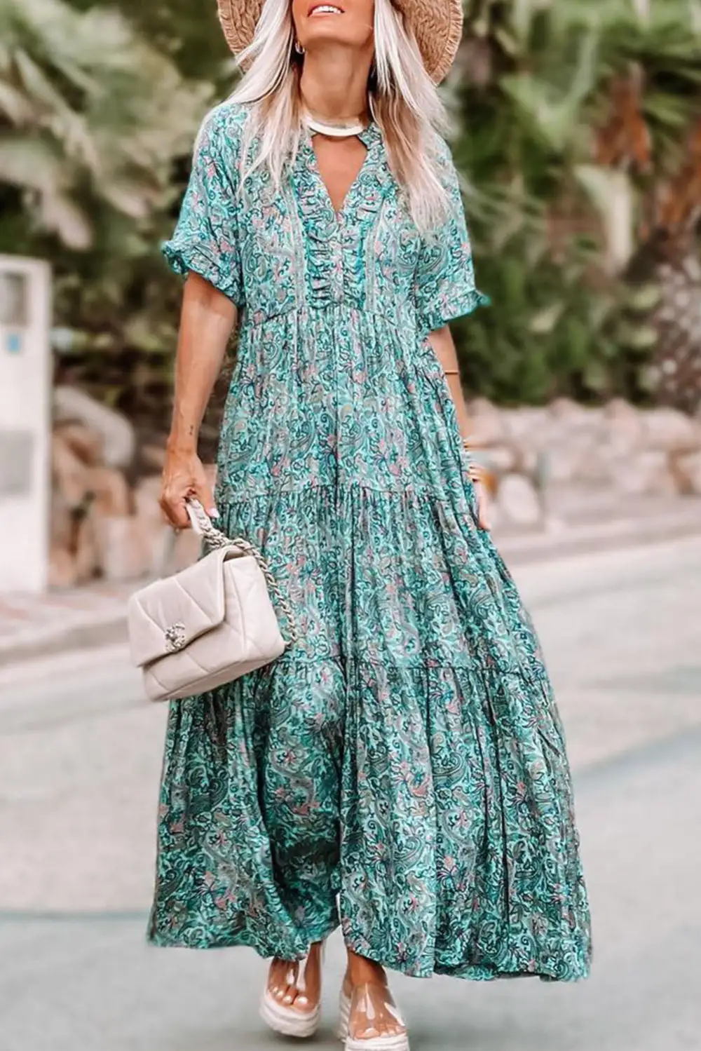 V-Neck Holiday Ruffle Tiered Maxi Dress