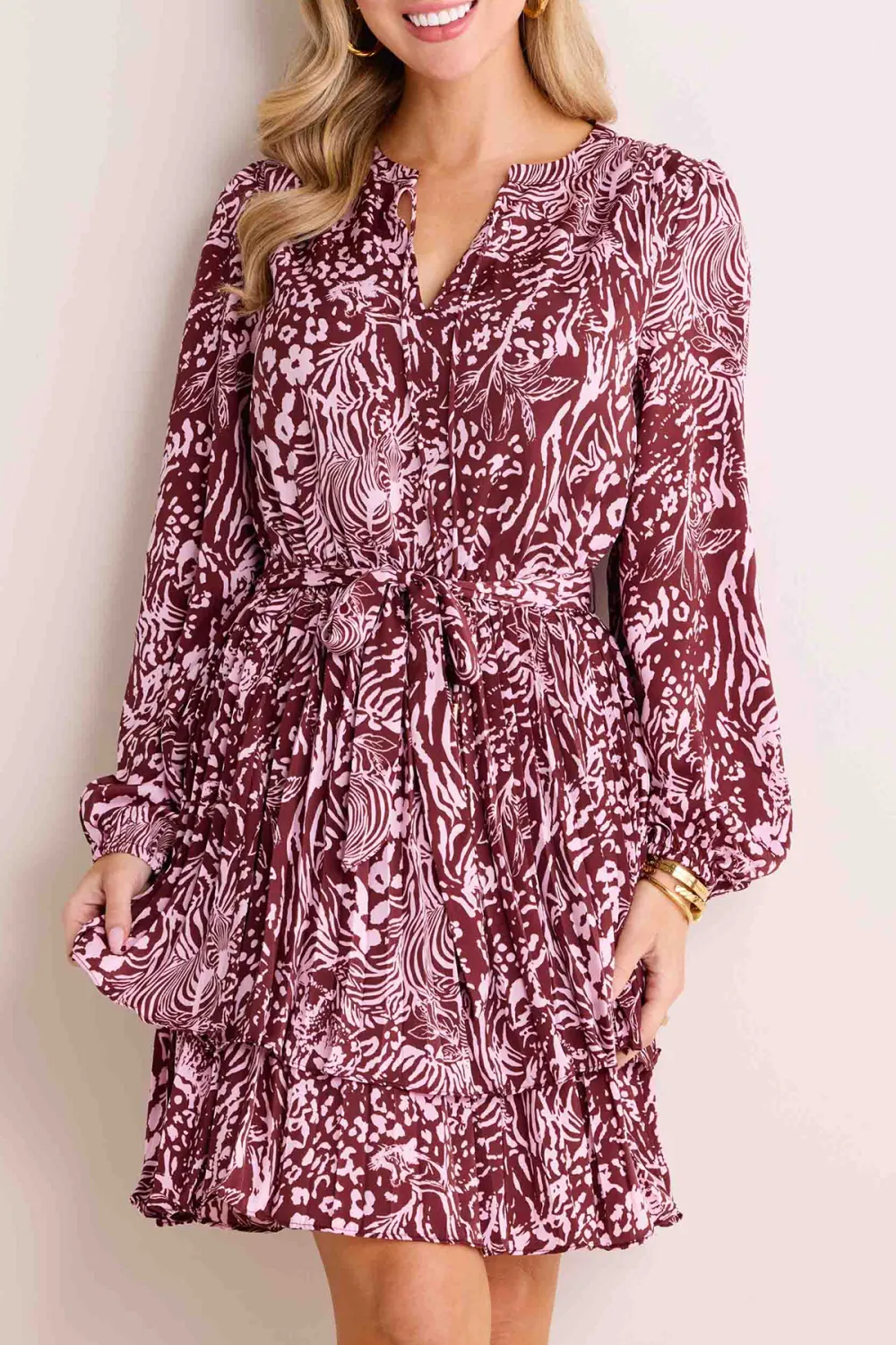 Wine Red Velvet Animal Print Tie-Waist Dress