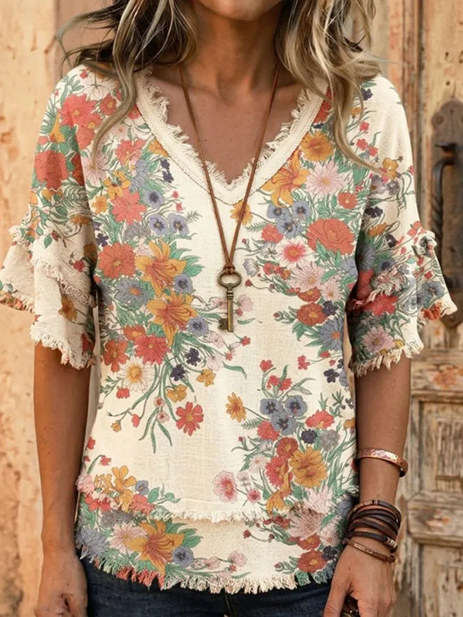Women'S Retro Floral Art Printed Patch Cotton Linen Shirt