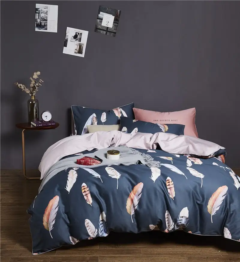 (Store Closing Sale) 6Pcs Luxury Egyptian Cotton Bedding Set Bright Flamingo Leaf Duvet Cover Bed Fitted sheet