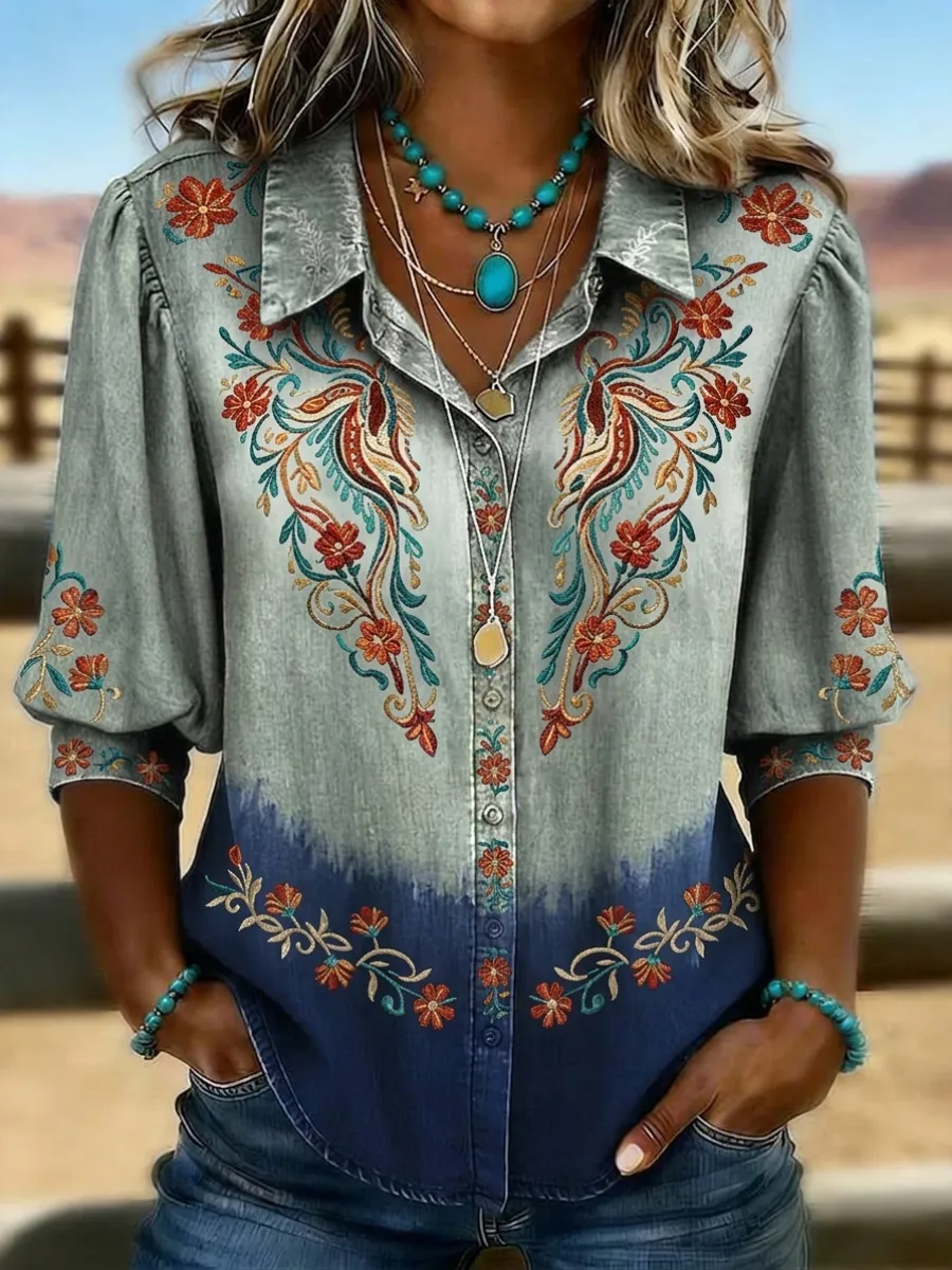 Women's Western Vintage Print Casual Puff Sleeve Shirt