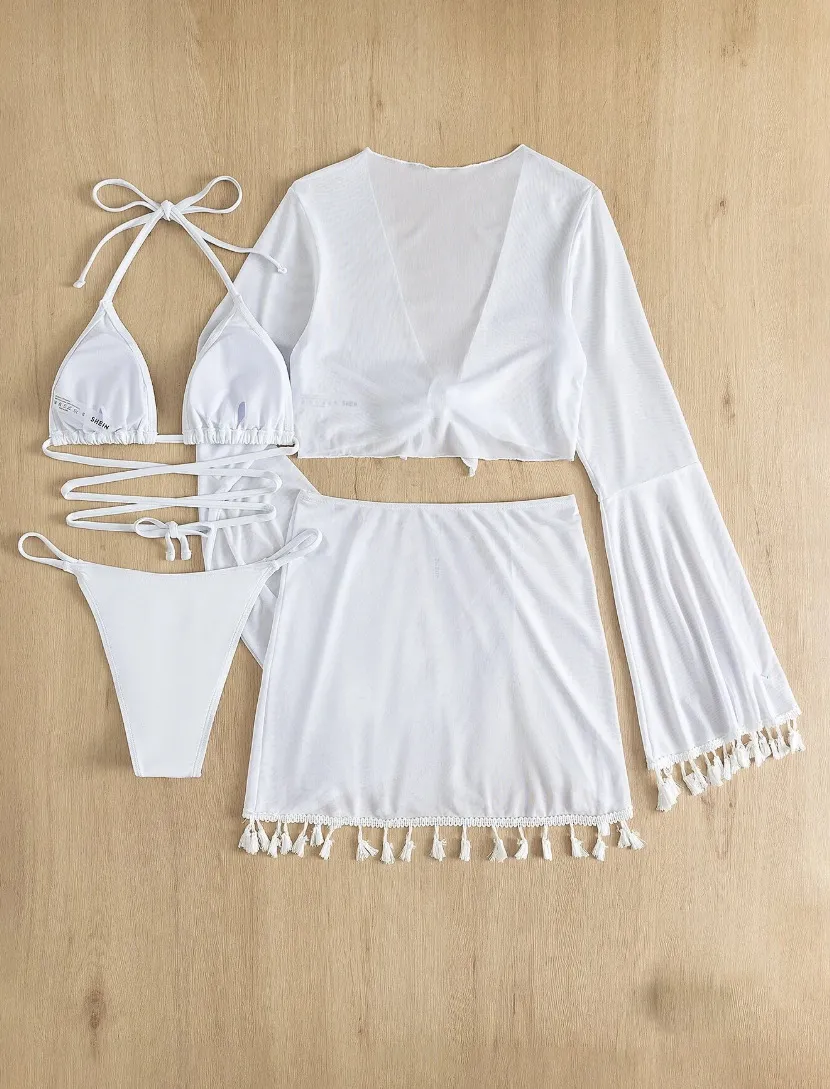 Four-Piece Set Solid Color Tassel Blouse Mesh Skirt Bikini Wholesale Swimsuit For Women
