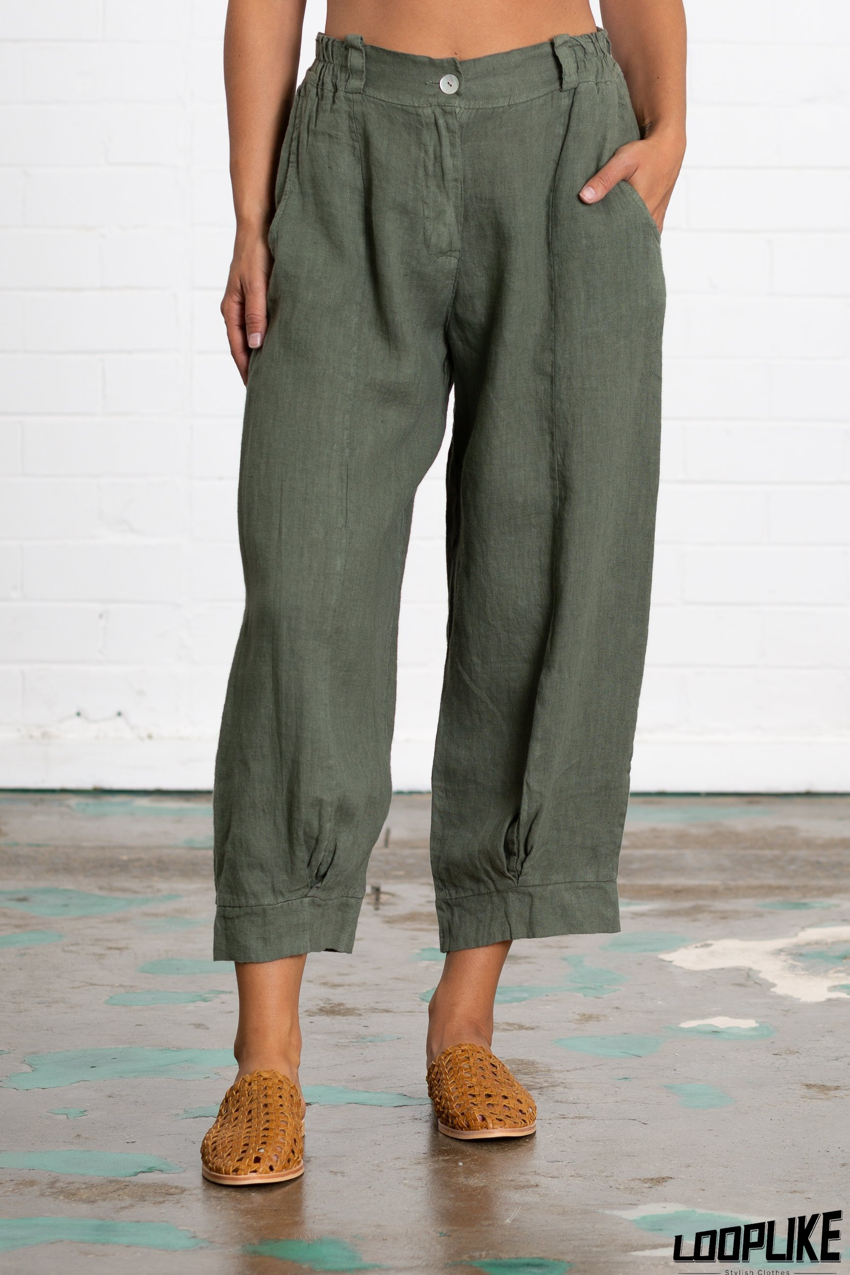 Linen Women Loose Capri Pants With Pockets