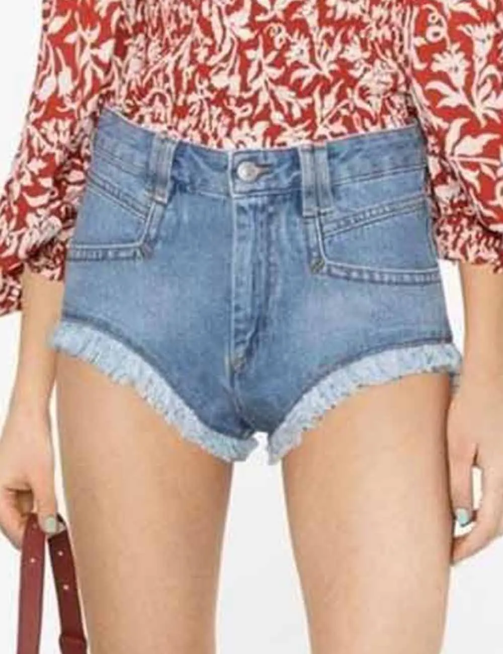 Button Closure Raw Frayed Hem Denim Shorts