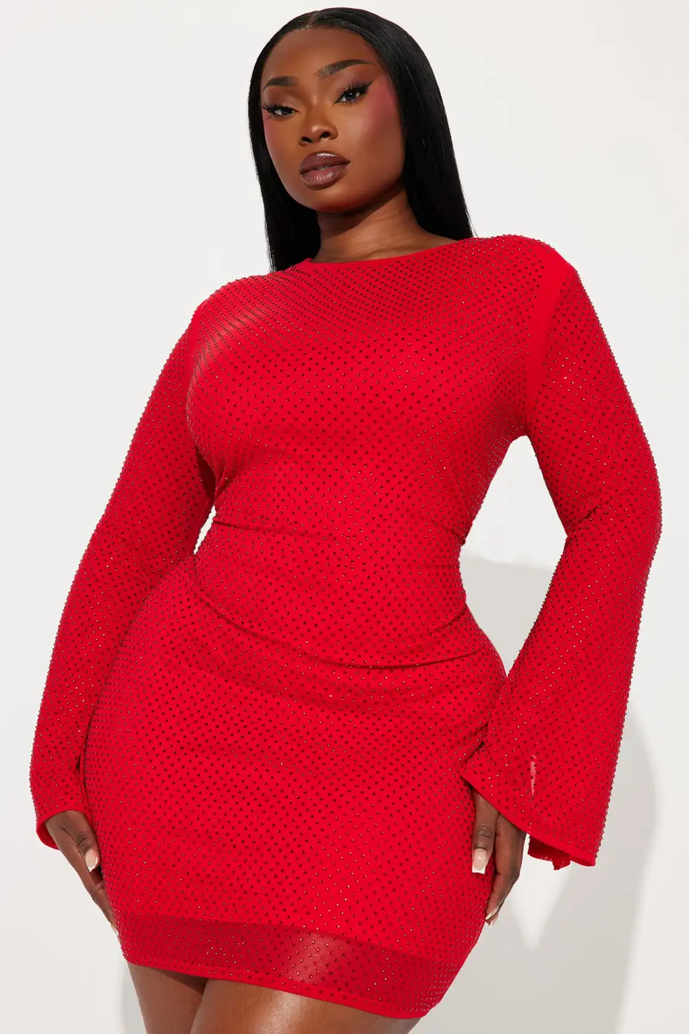 Sarah Rhinestone Mesh Mini Dress - Red