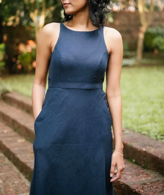 Indigo Blue Linen Cutaway Maxi Dress