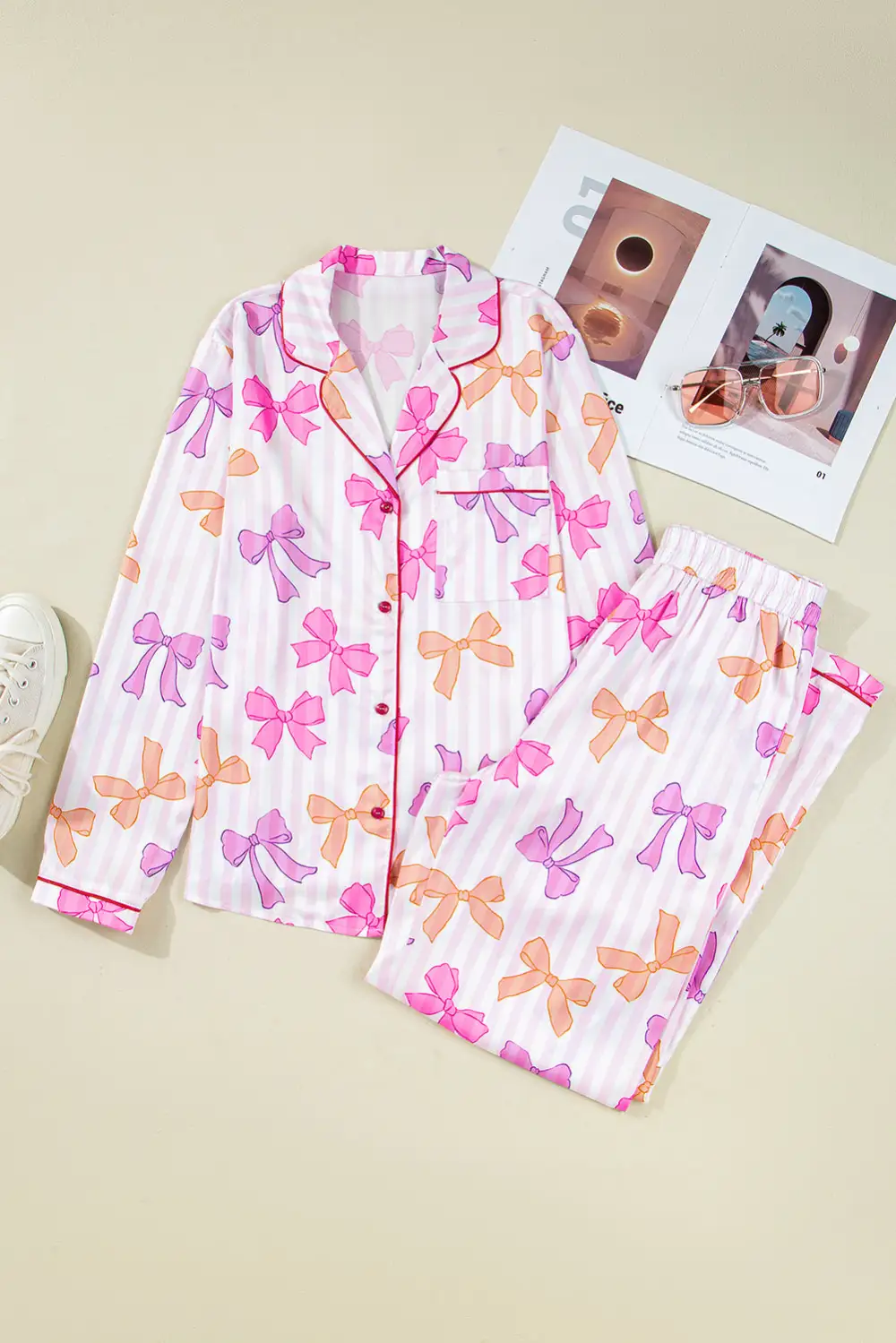 Bow Print Striped Trim Long Pajama Set