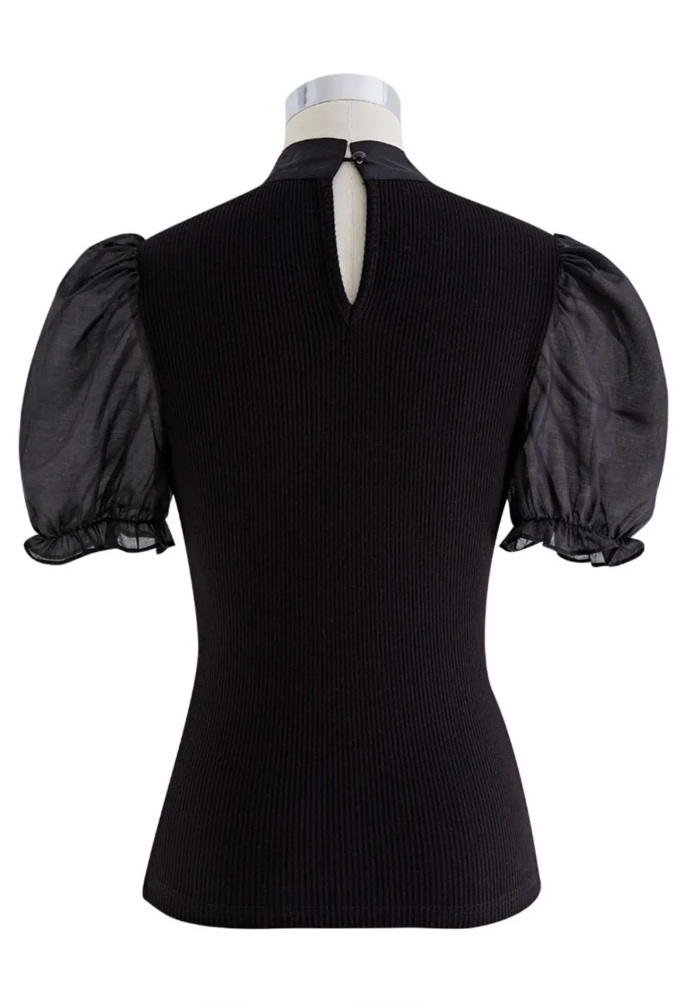 SHORT SLEEVE DETACHABLE BOWKNOT SPLICED KNIT TOP IN BLACK