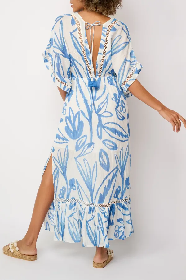 Blue And White Botanical Print V Neck Maxi Dress