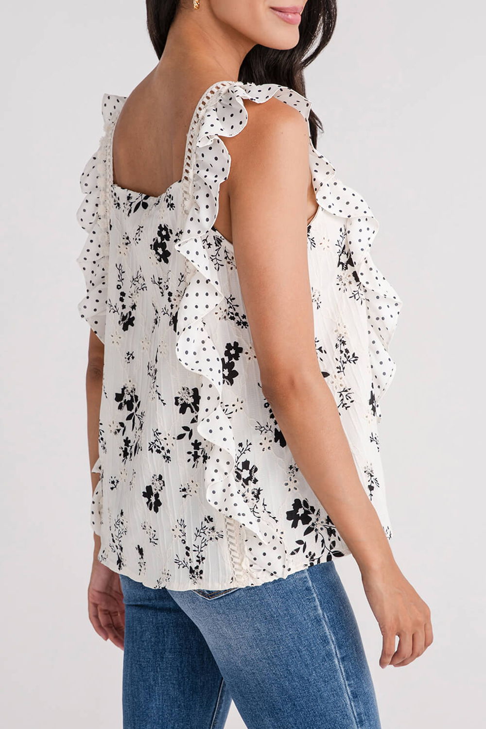 Davi & Dani Eyelet Embroidered Square Neck Ruffle Sleeve Top - ivory combo