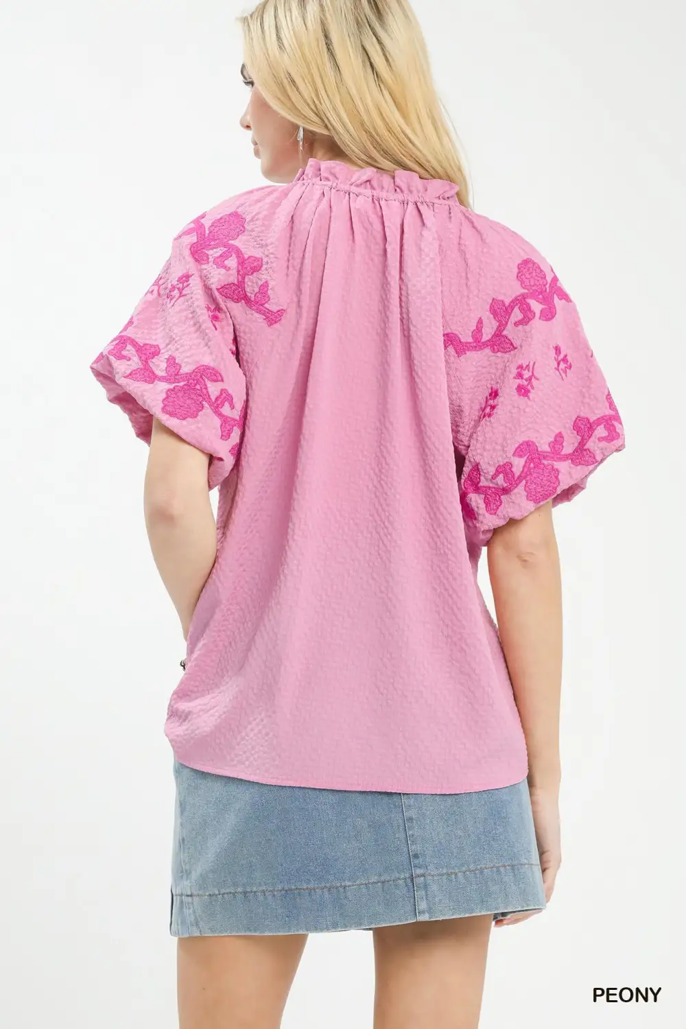 Embroidered Textured Flutter Sleeve Top