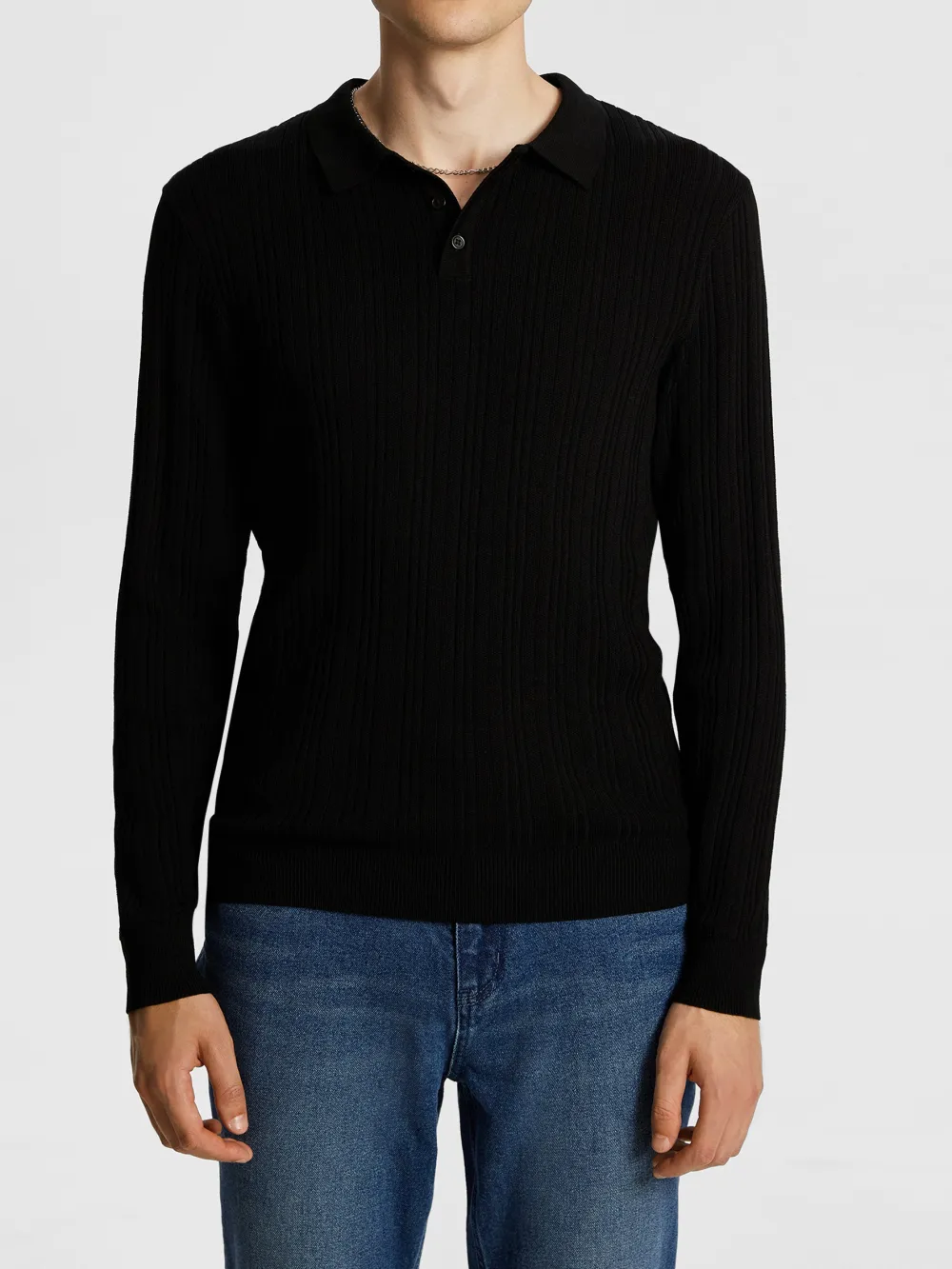 Black Long Sleeve Ribbed Polo Shirt