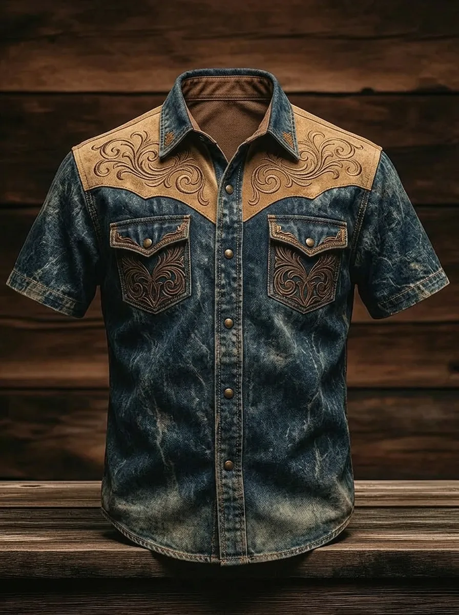 Men's Western Cowboy Floral Embossed Printed Denim Shirt