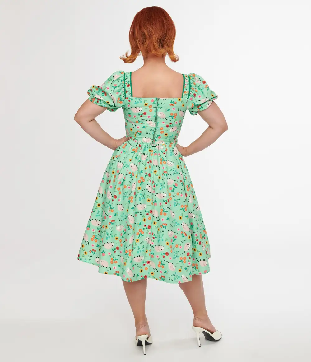 Unique Vintage 1940s Green Possum Print Button Front Dress