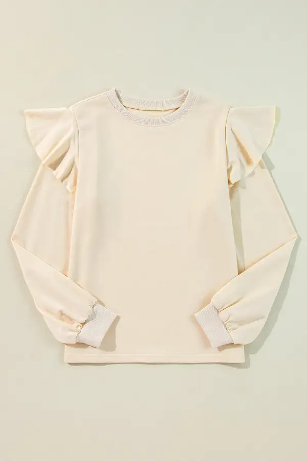 Jet Stream Solid Color Ruffled Shoulder Long Sleeve Blouse