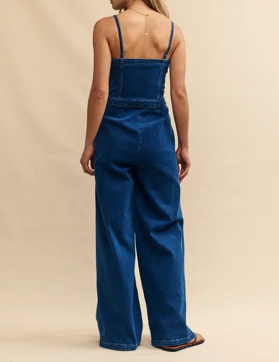 Dark Blue Denim Wide Leg Jumpsuit