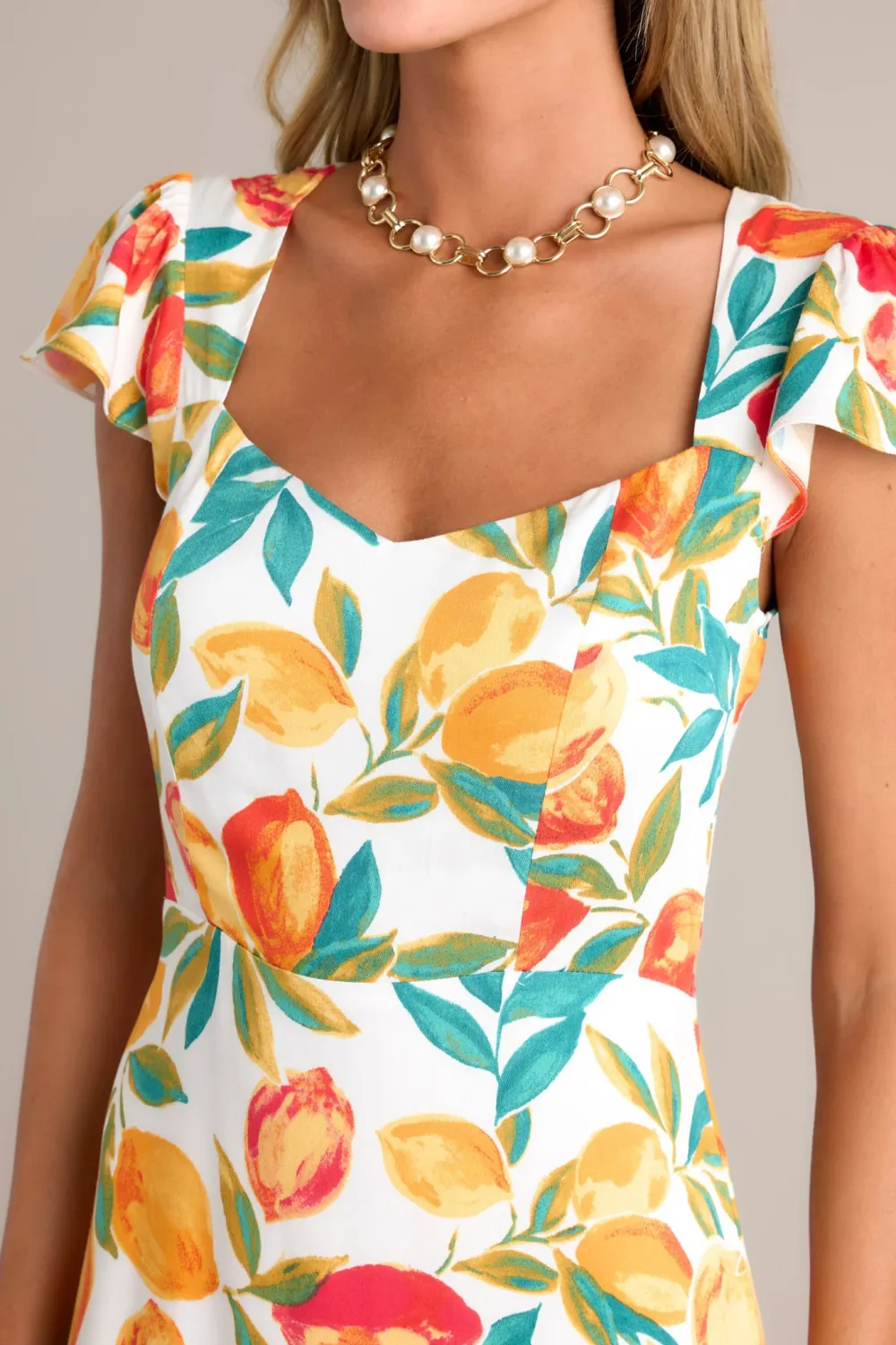 SUNSHINE & BLISS IVORY MULTI CITRUS PRINT MIDI DRESS