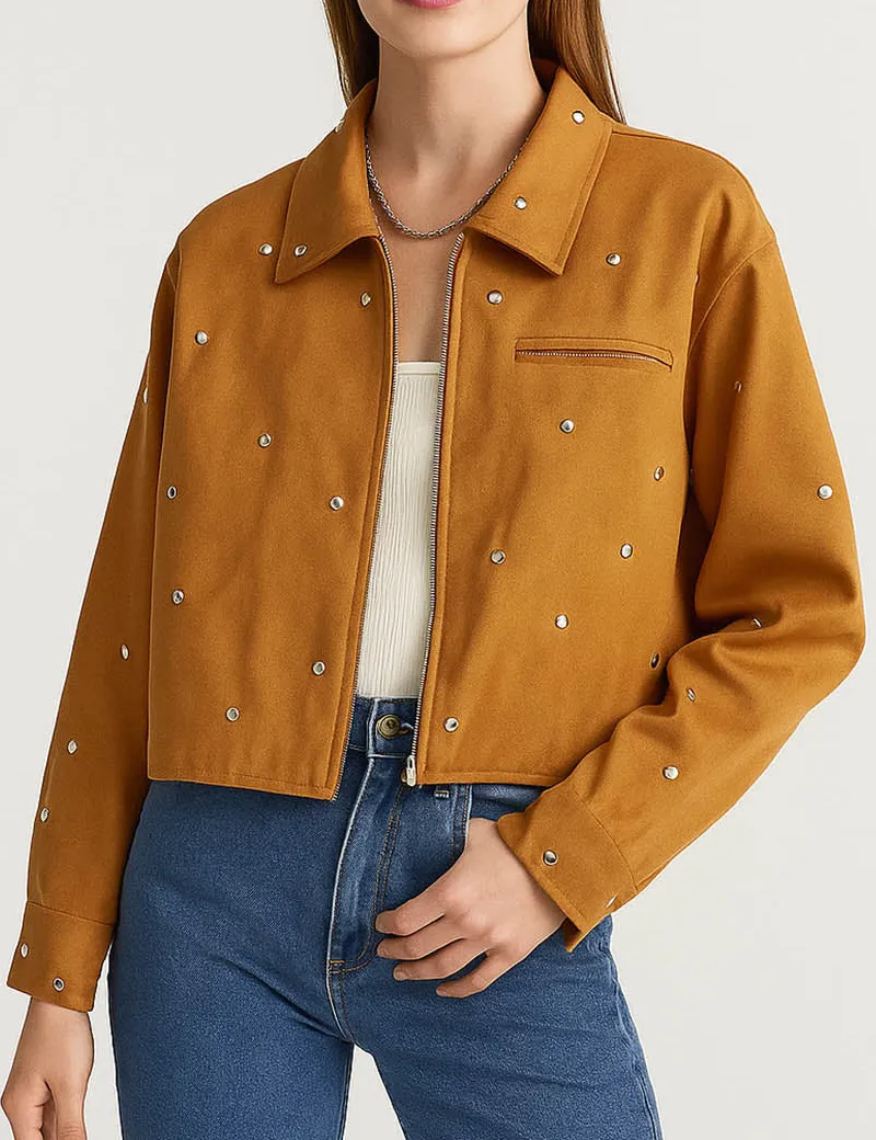 Faux Suede Studded Zipper Front Cropped Jacket