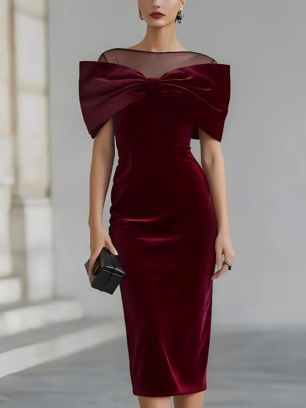 Elegant Bow Detail Sheer Neckline Midi Dress