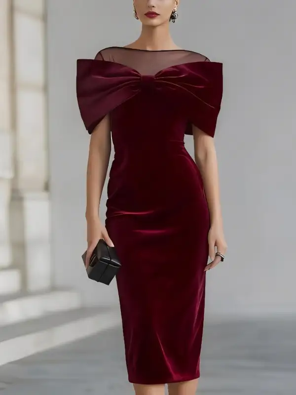Elegant Bow Detail Sheer Neckline Midi Dress