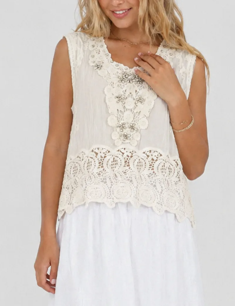 Crochet Lace Rhinestone Beaded Sleeveless Top