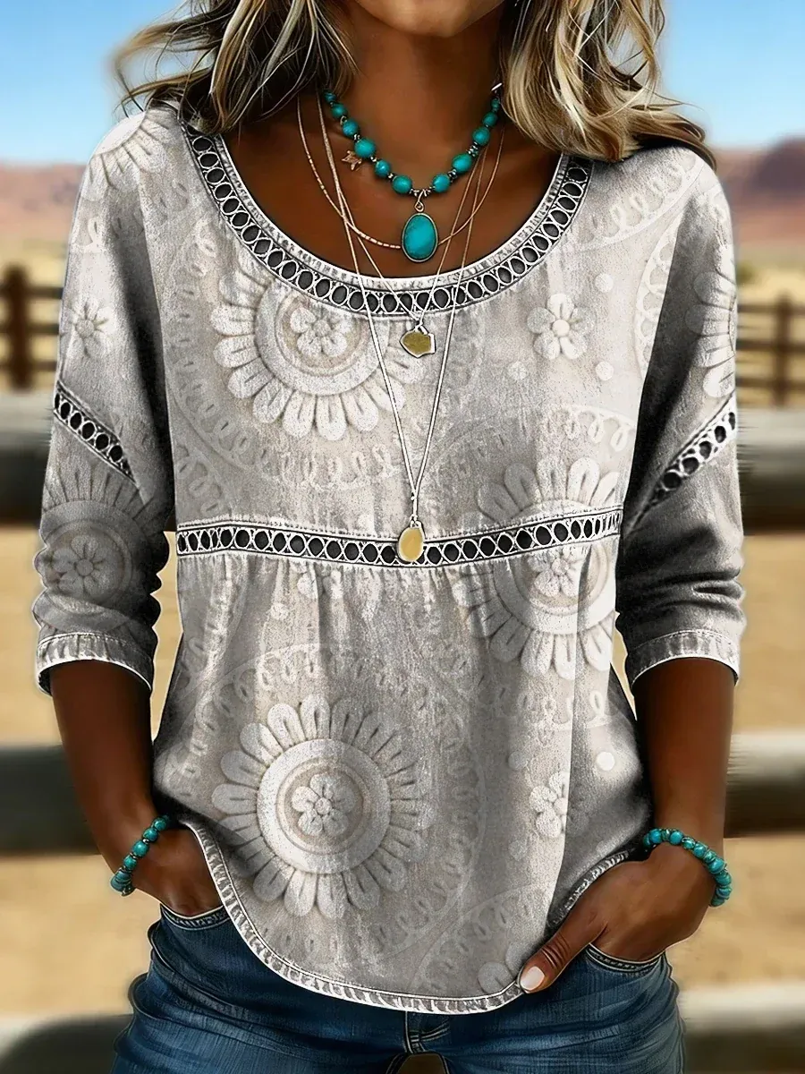 Women's Vintage Western Art Print Casual Top