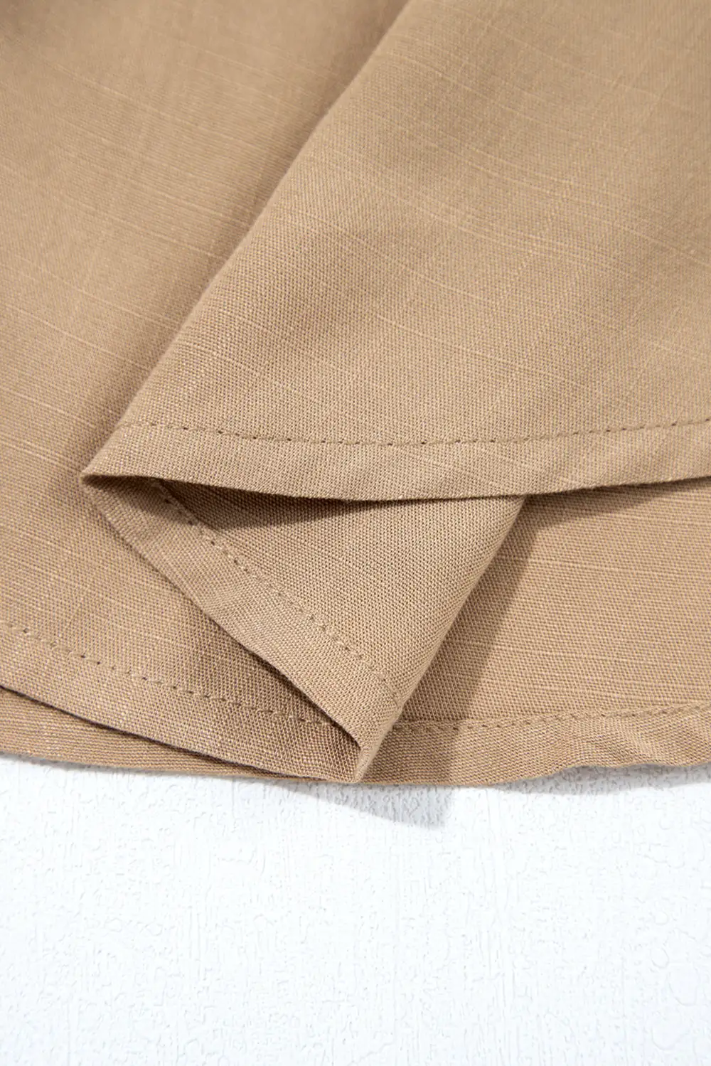 Light French Beige Waffle Patchwork Button Up Frayed Hem Shirt