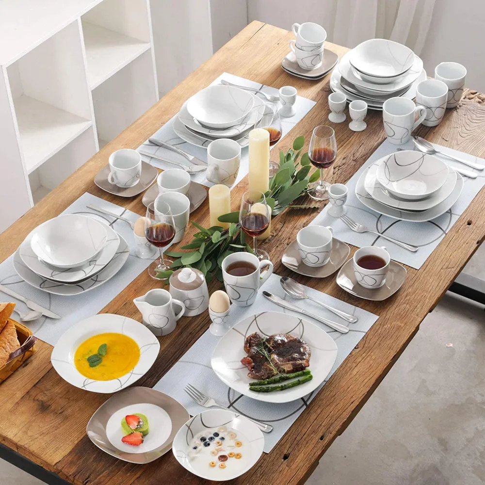 VEWEET, Series Fiona, 100-Piece Plates and Bowls Sets for 12, Including Porcelain Dishes Sets, Bowls, Mugs, Egg Cups, Cup and Saucer Set, Milk Jug and Sugar Pot Set, Microwave and Dishwasher Safe