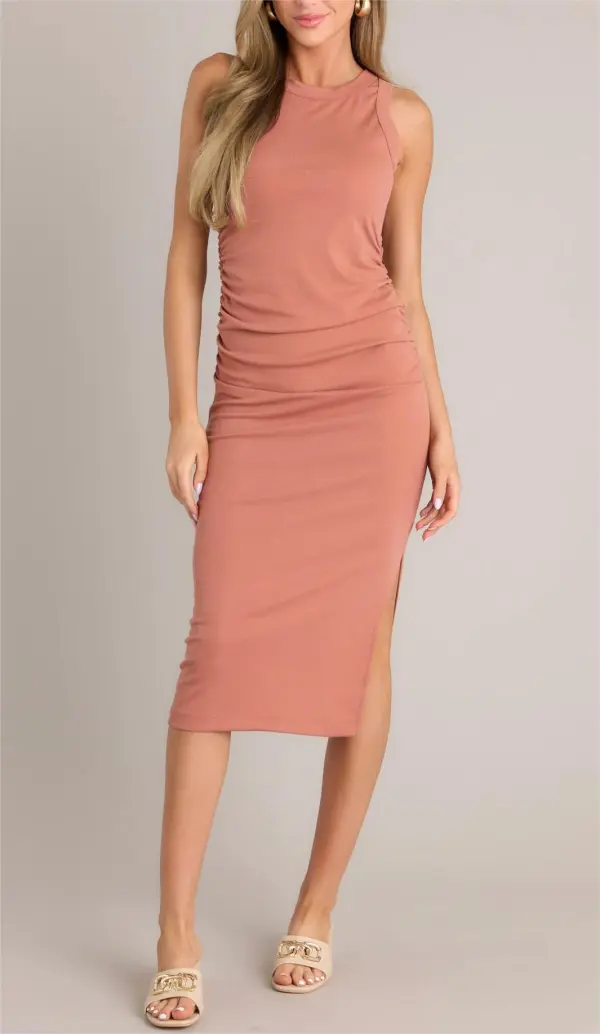 LET IT ALL GO TERRACOTTA BODYCON MIDI DRESS