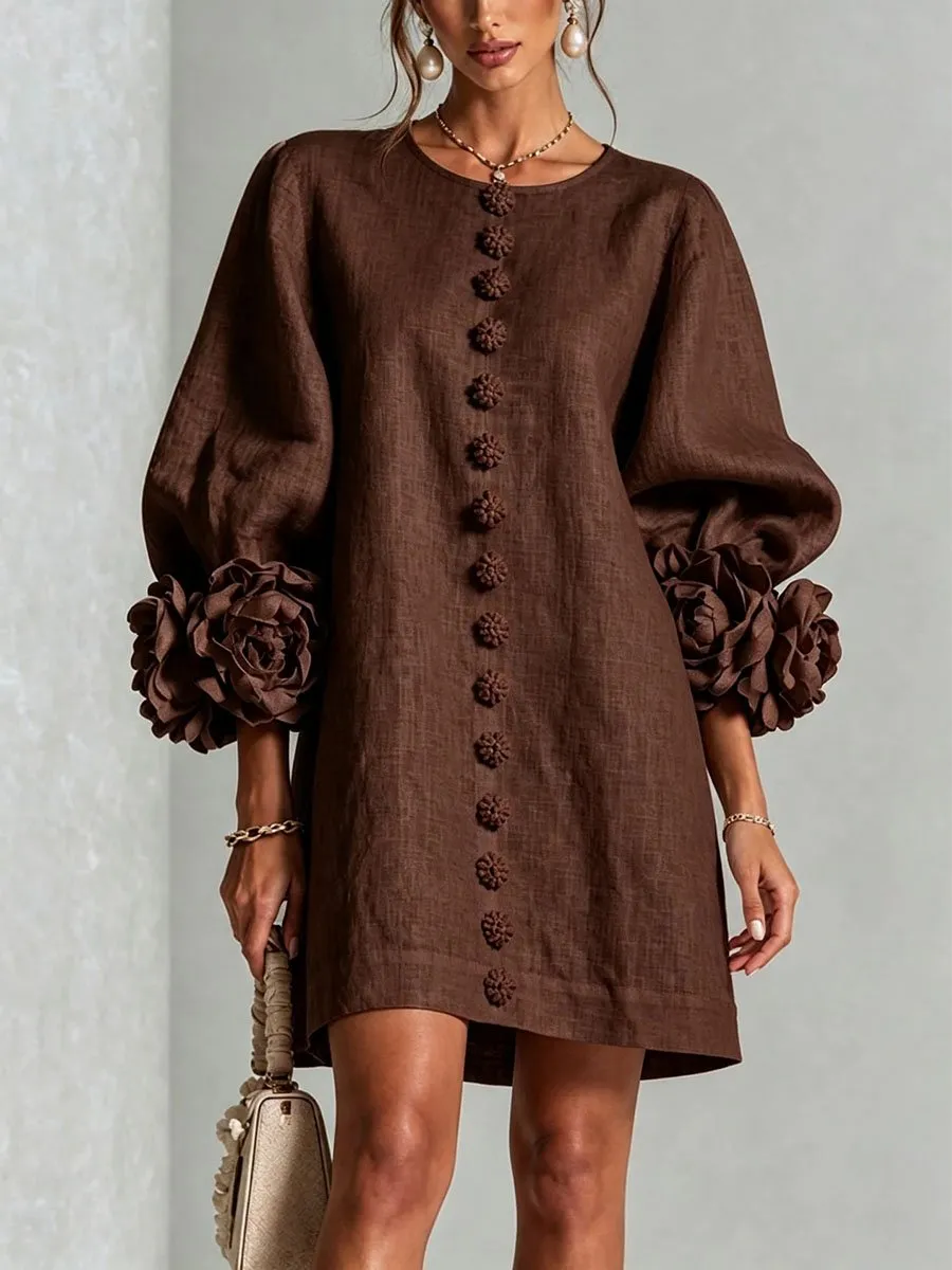 Elegant 3D Floral Button-Front Mini Dress With Striking Floral Cuffs