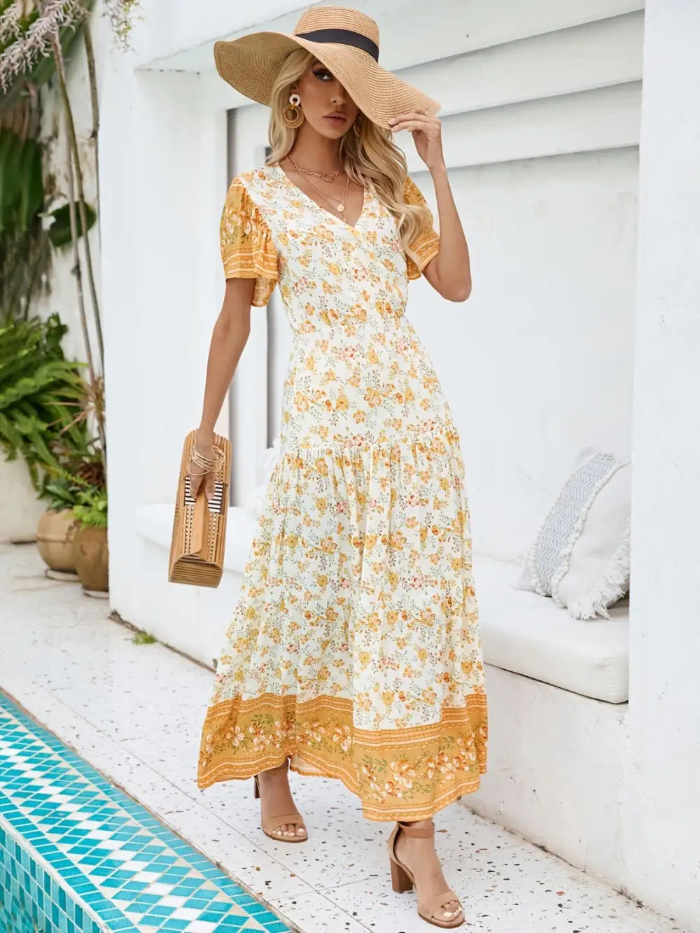 Printed Surplice Short Sleeve Maxi Boho Dress - Spirit and Rebel