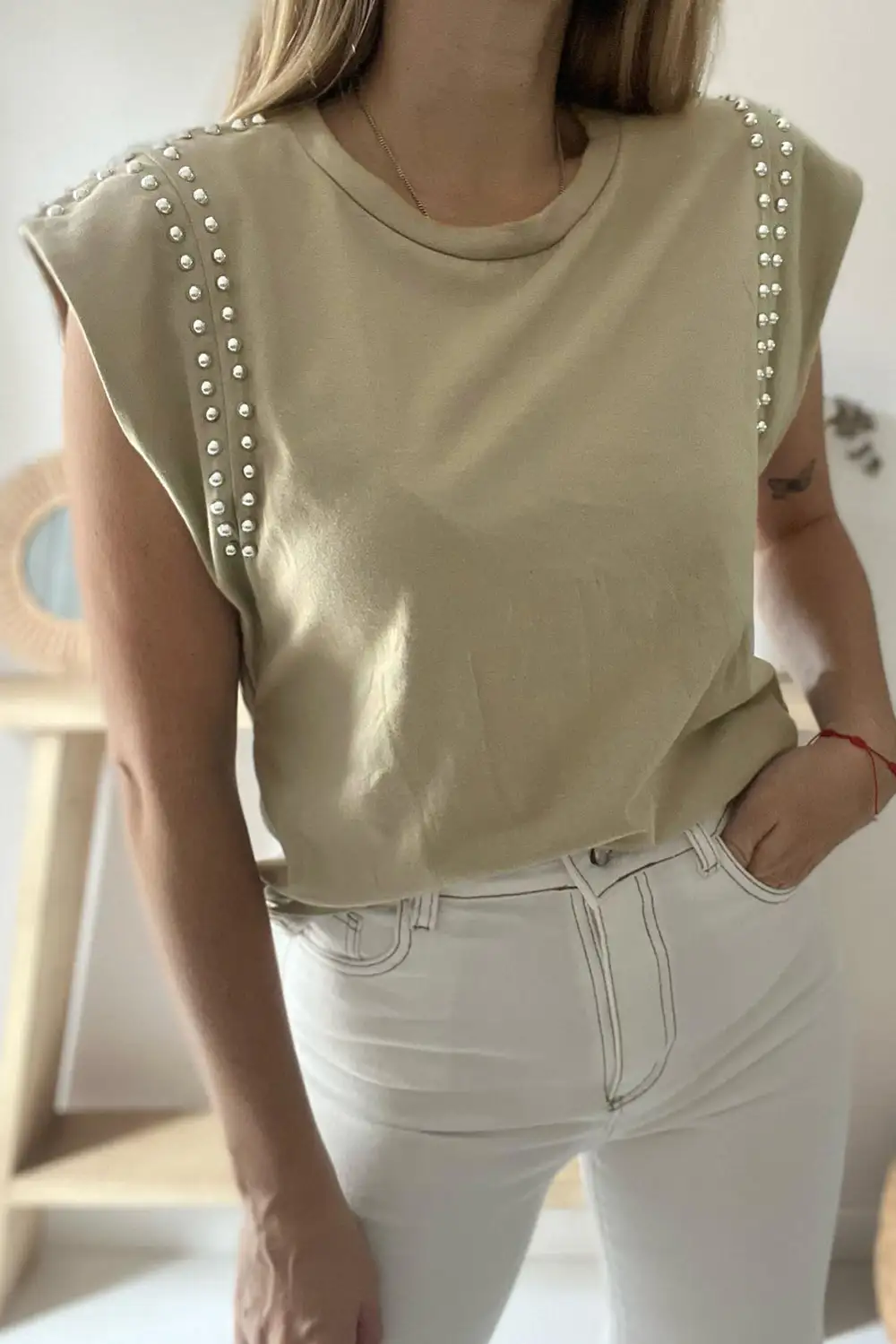 Studded Cap Sleeve Round Tee