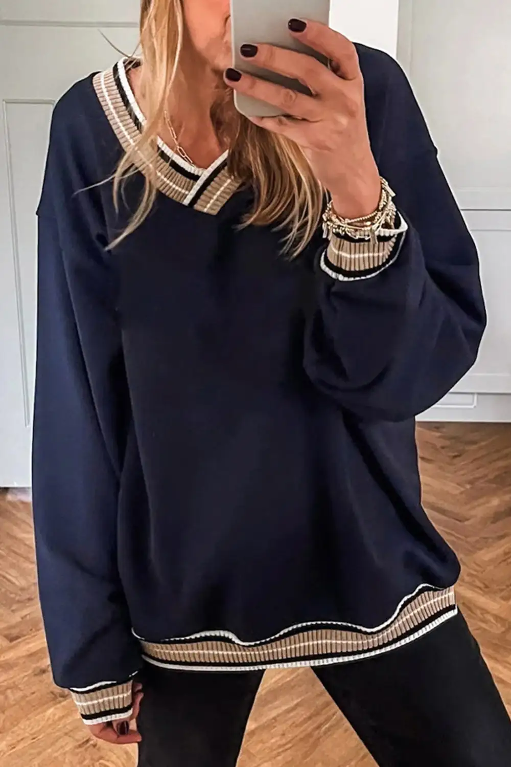 Everyday Striped Contrast Trim Varsity Stripe Sweatshirt