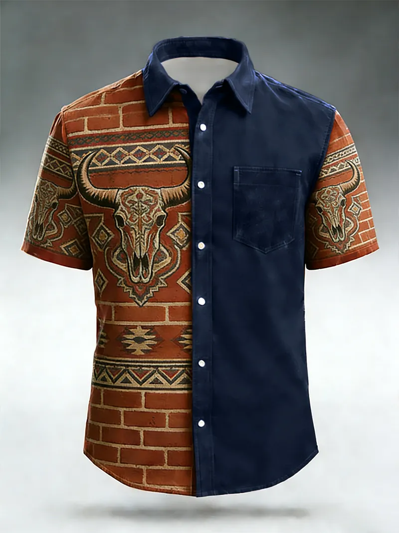 Men's Brick Wall & Bull Skull Print Short Sleeve Shirt