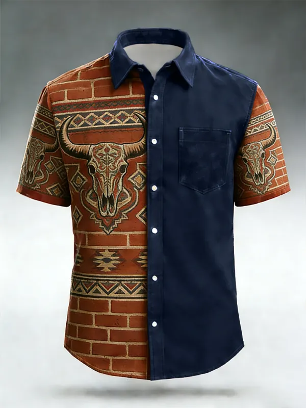 Men's Brick Wall & Bull Skull Print Short Sleeve Shirt