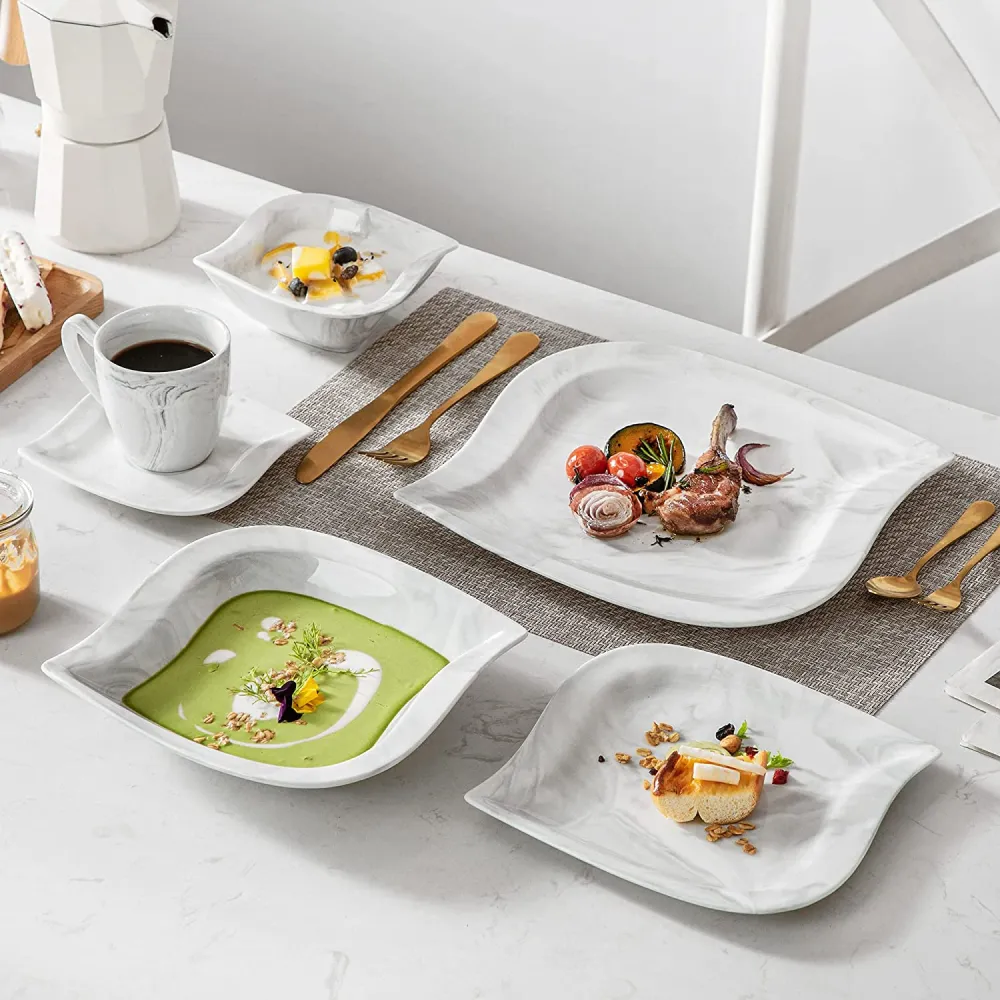 MALACASA Dish Set for 12, 60 Piece Marble Grey Square Dinnerware Sets, Porcelain Dinner Set with Plates and Bowls Sets, Cups and Saucers, Dishware Sets Kitchen Dishes Microwave Safe, Series Blance