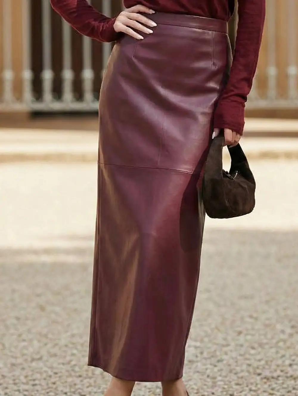 Leather Look Pencil Slit Midi Skirt