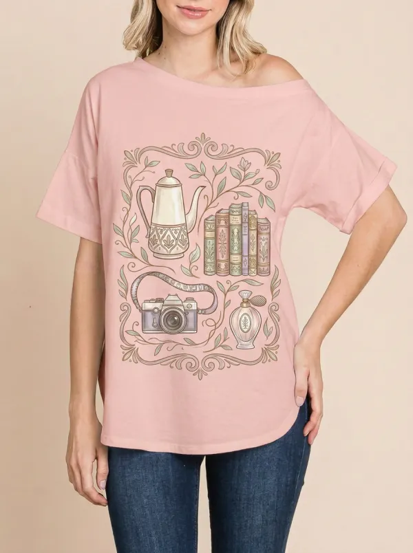 Women's Vintage Aesthetic Book Camera Teapot Printed T-shirt