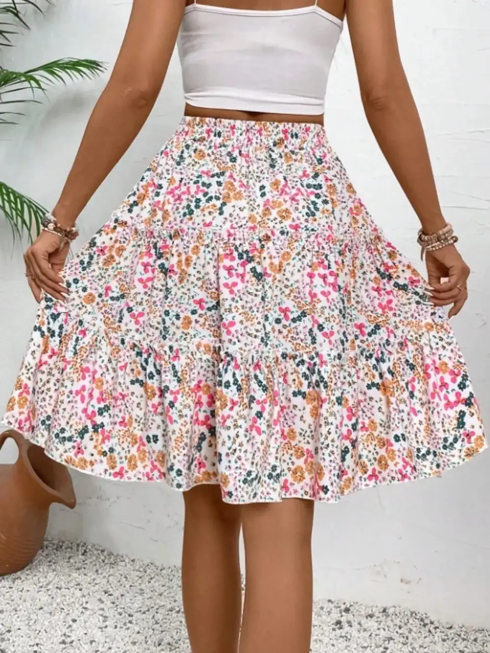 Textured Ruffle Trim Printed Silhouette Skirt