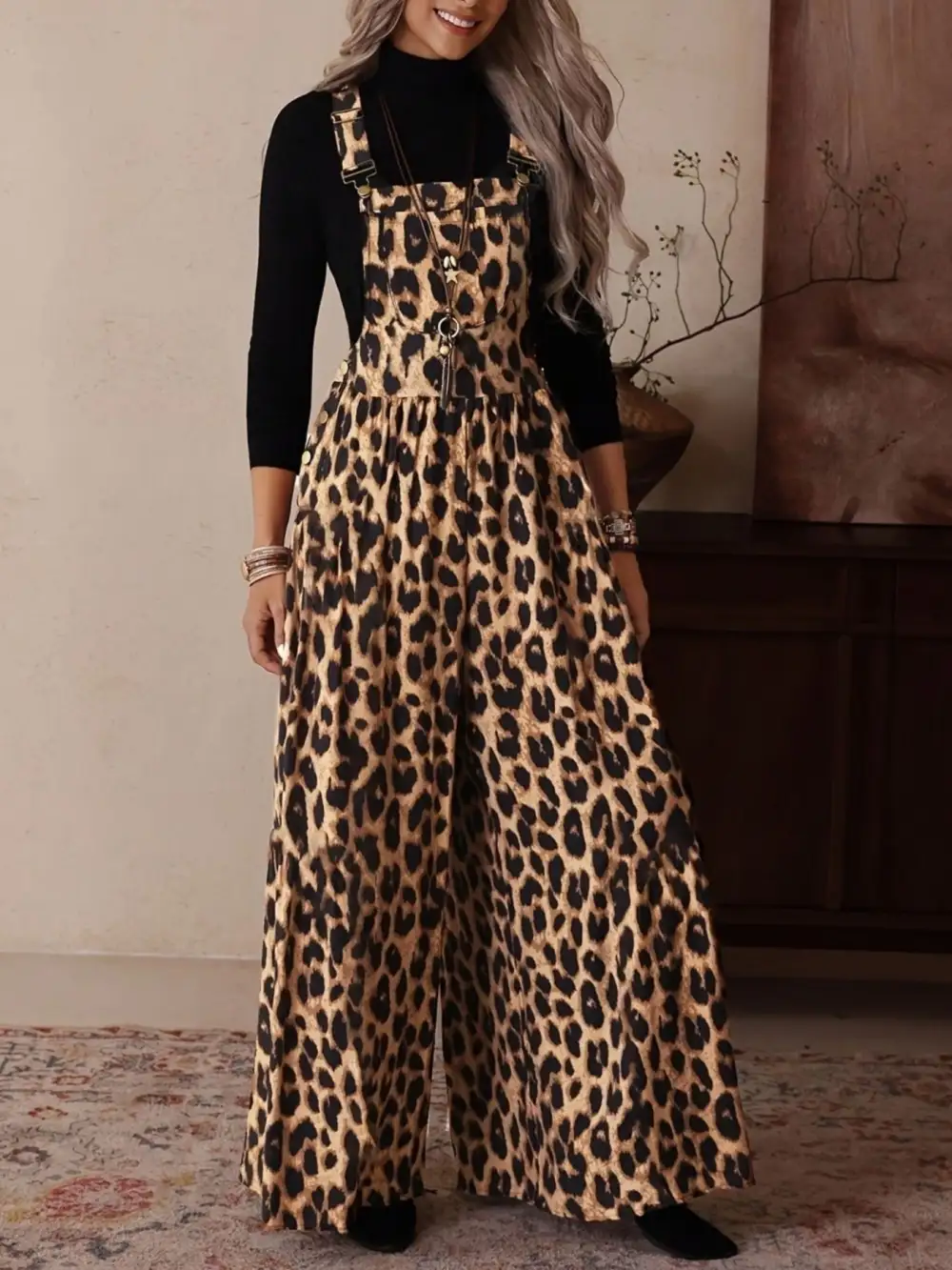 Leopard Print Wide Leg Overalls
