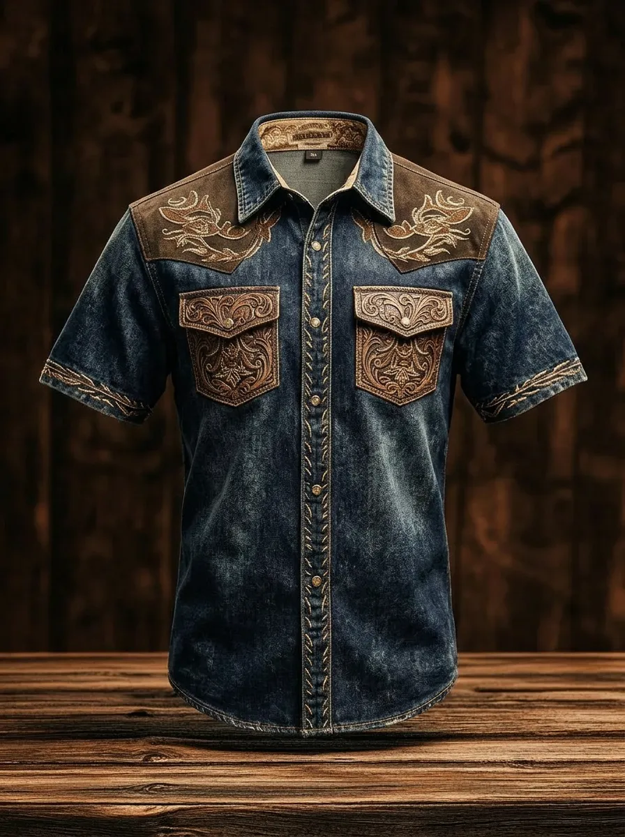 Men's Western Cowboy Floral Embossed Denim Printed Shirt