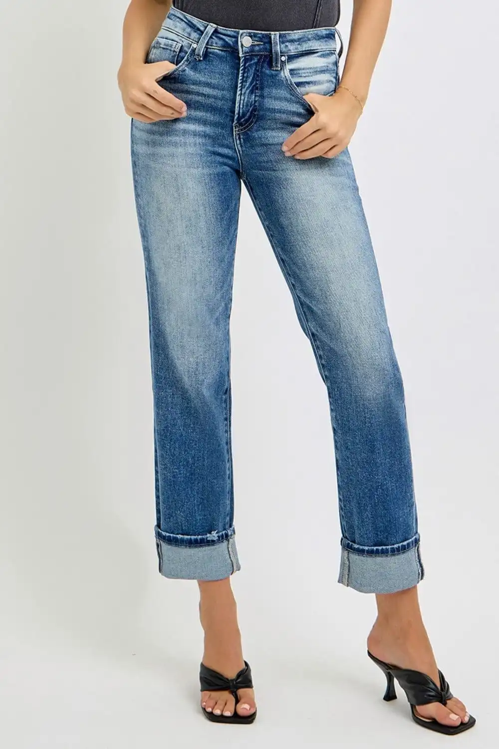 ??GYPSY-RISEN-High Rise Crop Straight Roll Up Jeans