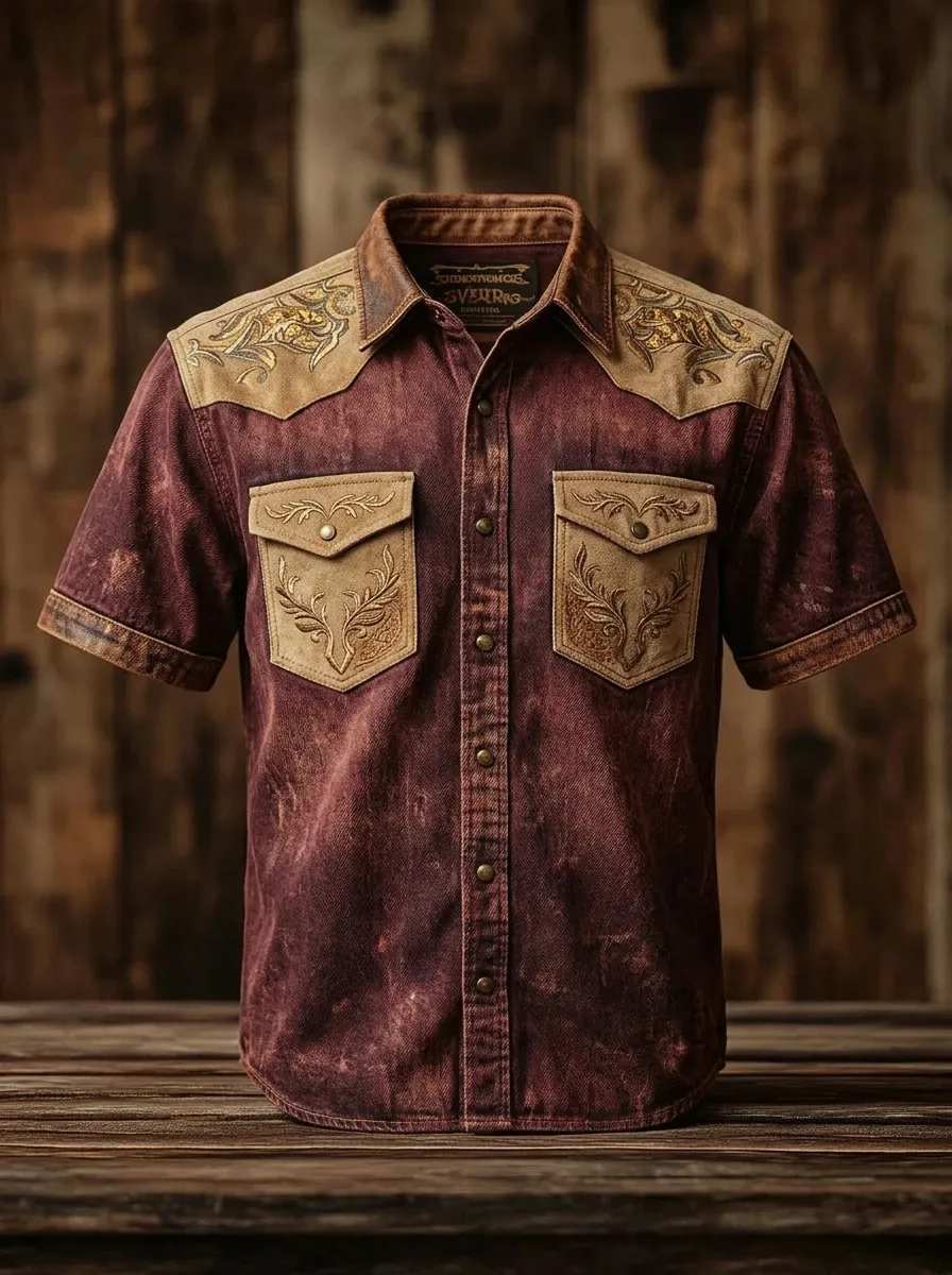 Men's Western Style Floral Embroidery Distressed Printed Shirt