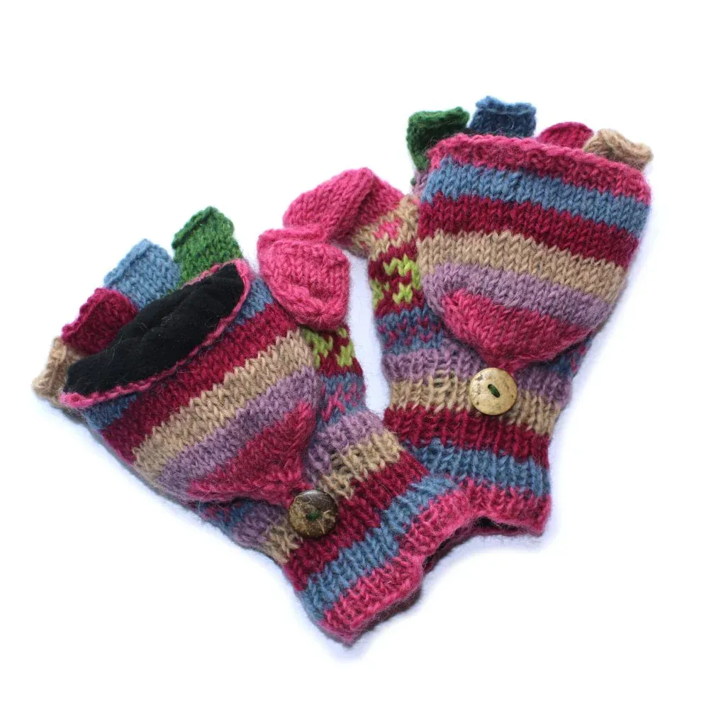 STRIPE FINGERLESS GLOVES WITH MITTEN FLAP