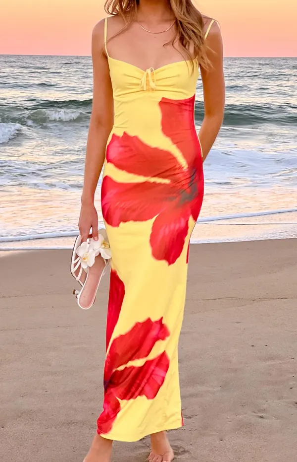 Mesh Floral Hibiscus Maxi Dress